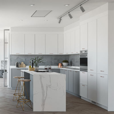 White Wooden L Shape Modular Kitchen Cabinets With Island