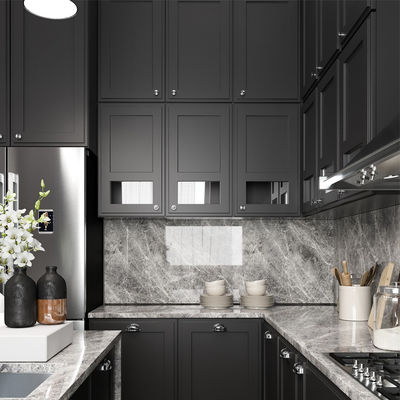 Black Free Standing Kitchen Cabinets Waterproof With Island PVC Kitchen Cabinets