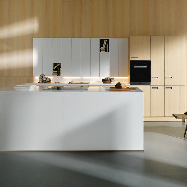 White Wood Grain Kitchen Cabinets Space Saving Apartment 16mm Parallel Kitchen Cabinets