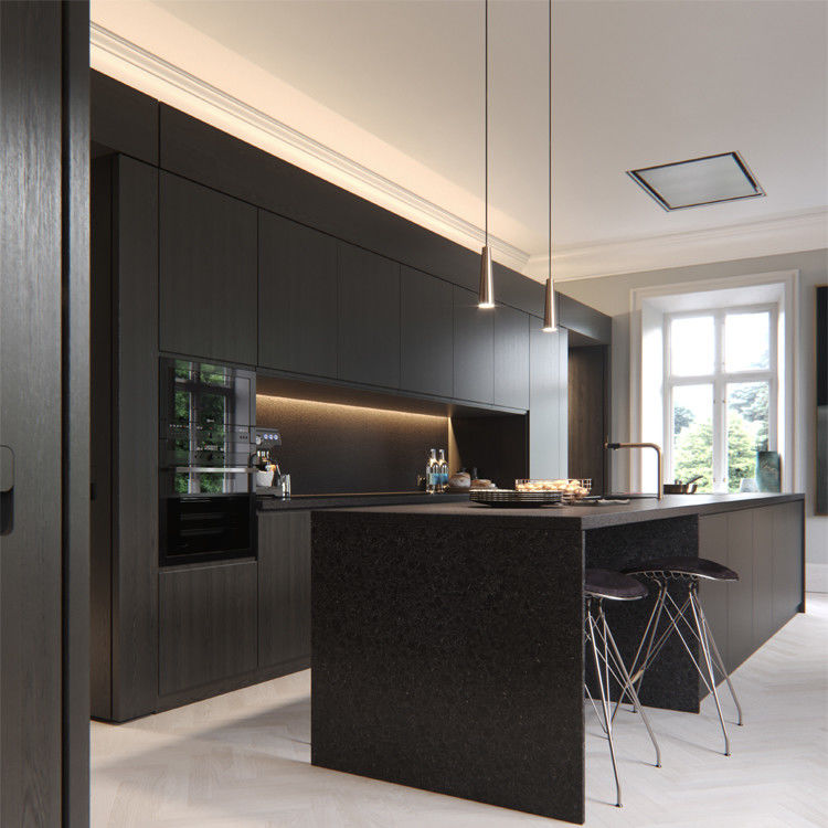 Contemporary Style Built In Kitchen Cabinets Black PVC Kitchen Cabinets