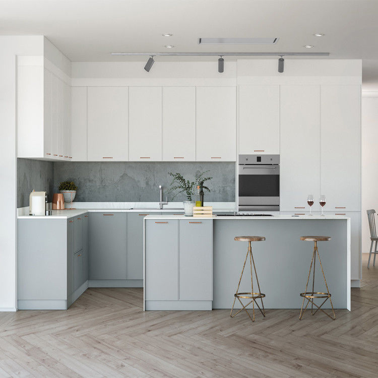 White Wooden L Shape Modular Kitchen Cabinets With Island